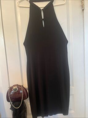 Chic Black Halter Mini Dress with Keyhole Frog Closure Accent